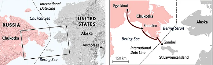 mapa da travessia do estreito de Bering.