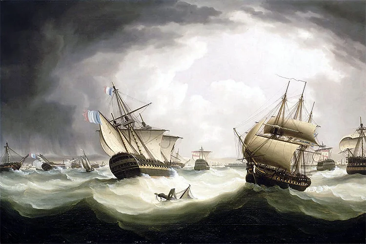 Navios franceses na tempestade que se seguiu.