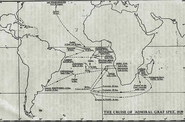 Rotas do Graf Spee no Atlântico Sul .