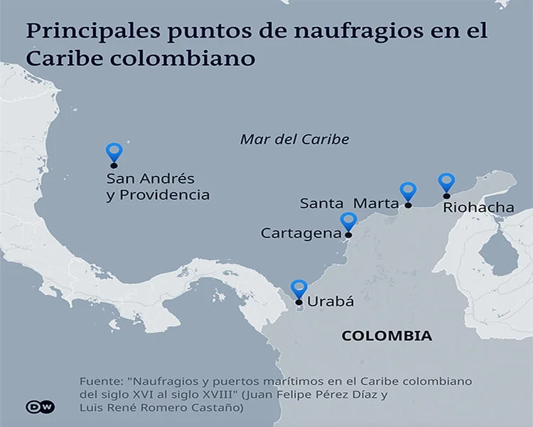 Mapa de naufrágios no caribe colombiano.