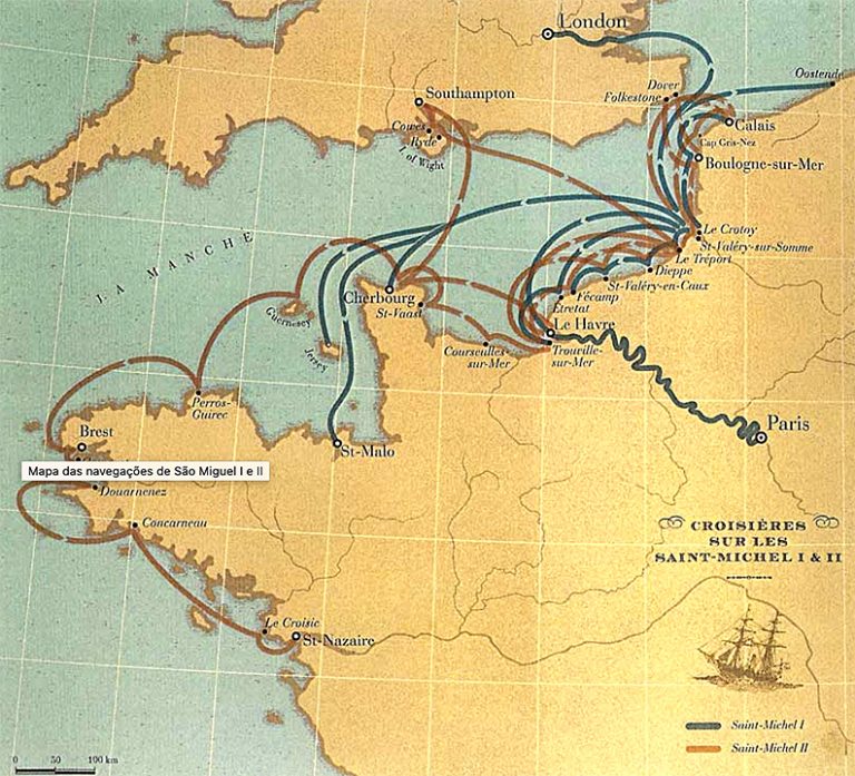 Mapa das viagens de Júlio Verne a bordo de seus barcos.