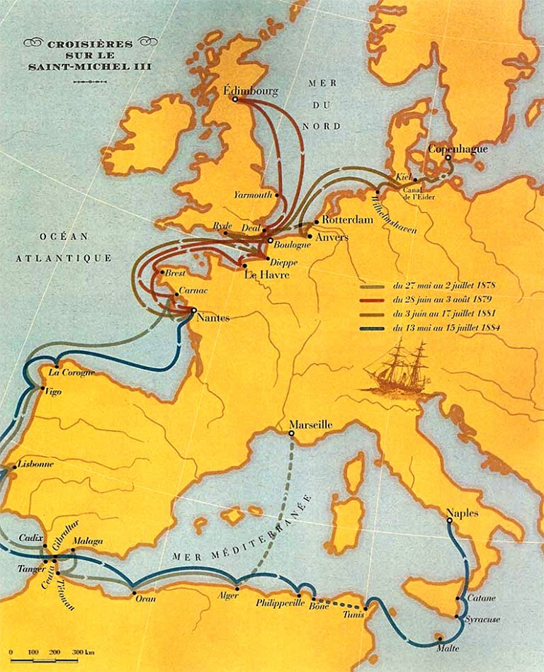 mapa das viagens de Júlio Verne a bordo do Saint Michel III.