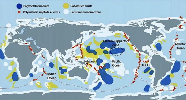 mapa mundi mostra onde há minerais nos oceanos.