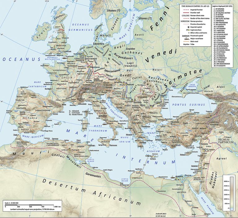 Mapa do Império Romano em 125, época de Adriano.