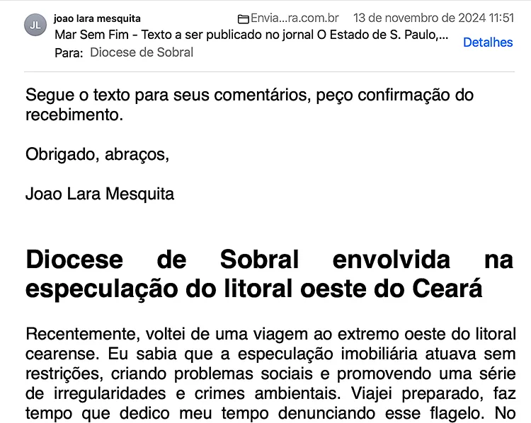 e-mail enviado para a Diocese de Sobral 