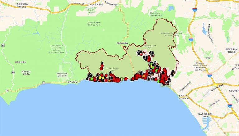 mapa dos incêndios em Los Angeles