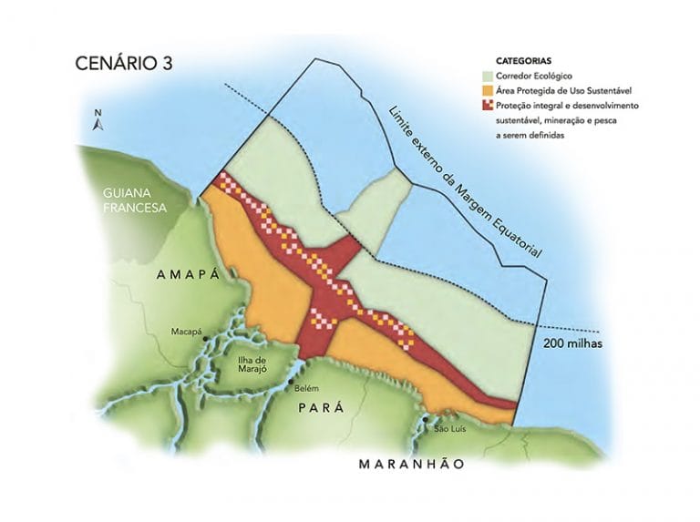 Cenário 3: Menos áreas de uso sustentável, mas corredor ecológico maior, chegando às 200 milhas náuticas.