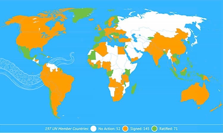 mapa mundi mostra os países que assinaram o tratado do alto mar