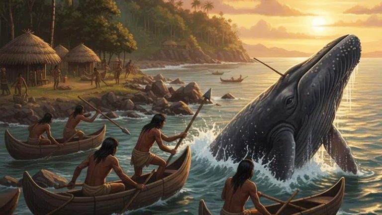 Ilustração de indígenas caçando baleias 