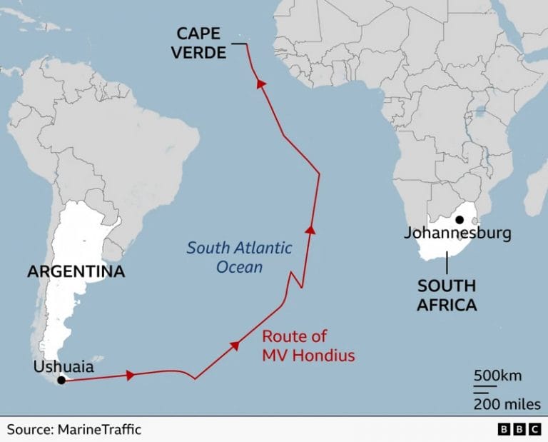 Mapa com trajeto do navio de cruzerio Hondius