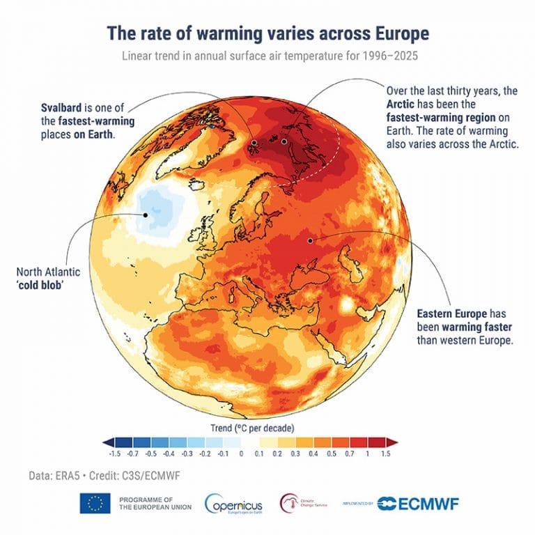 O globo terrestre e as taxas de calor na Europa